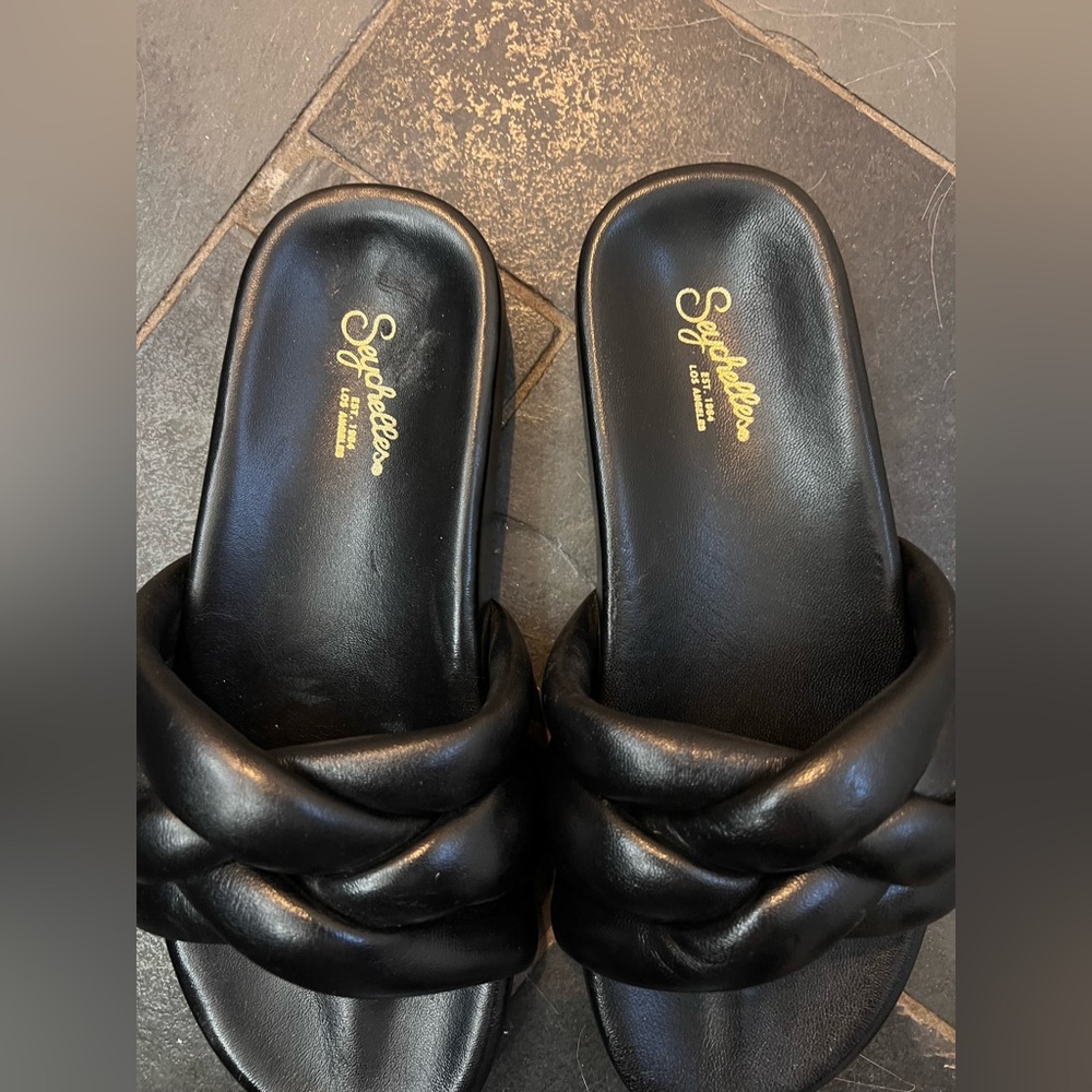 NWOT Seychelles Low Key Glow Up Sandals black leather slide braided crossover - Picture 5 of 7